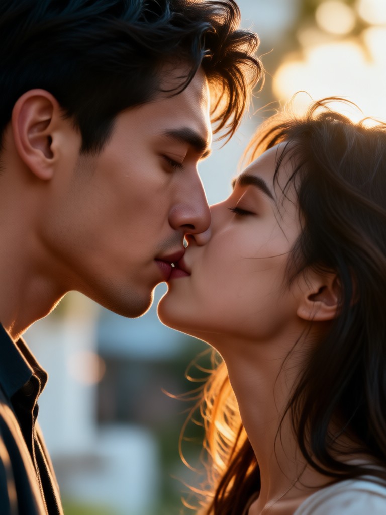 극적인 조명 속 AI 생성 로맨틱 키스 장면
