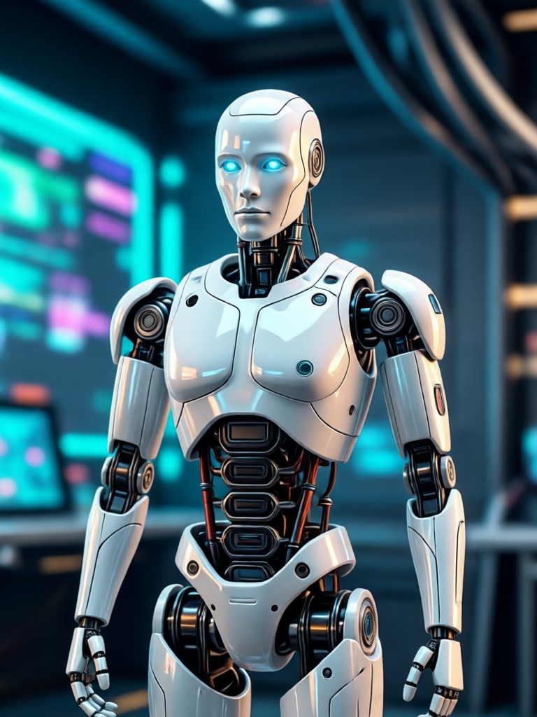 AI robot filter result female android with silver skin and blue LED lights