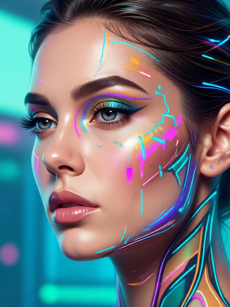 Cyberpunk style AI beauty with neon highlights