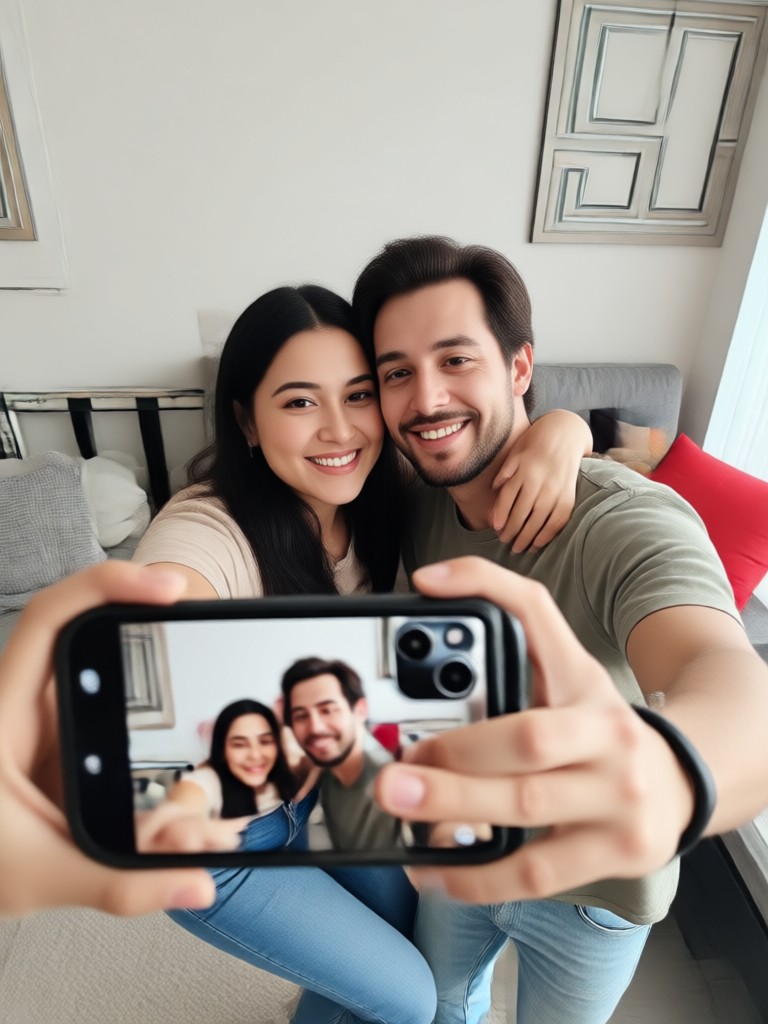 Selfie urbano y elegante de pareja en una cafetería