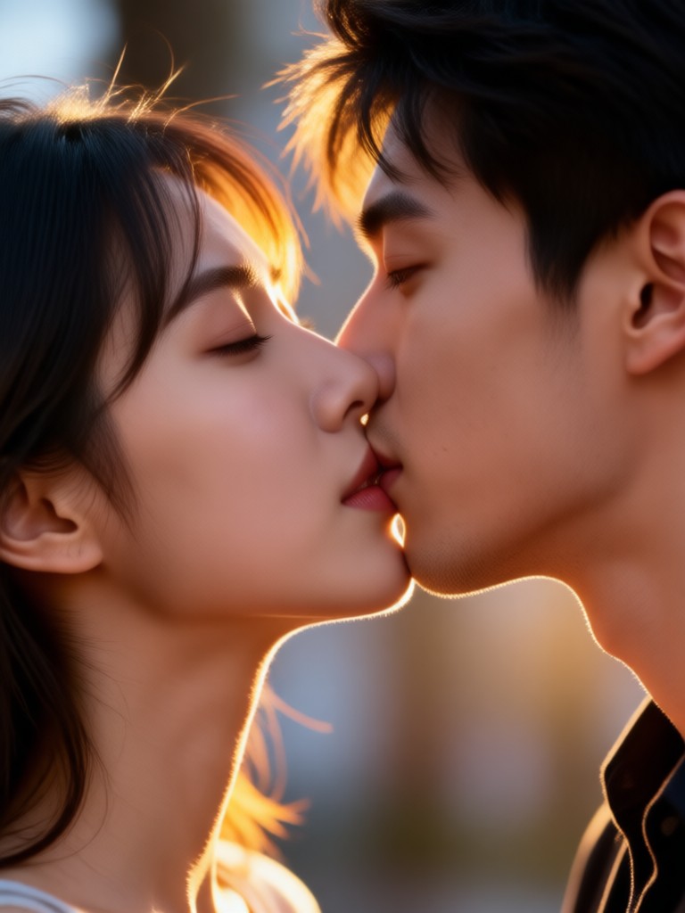 Cozy fireplace kiss scene