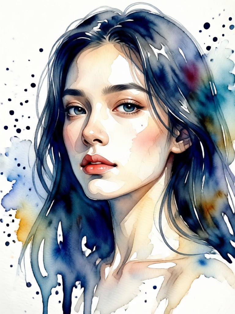 Realistic female portrait in soft watercolor wash
