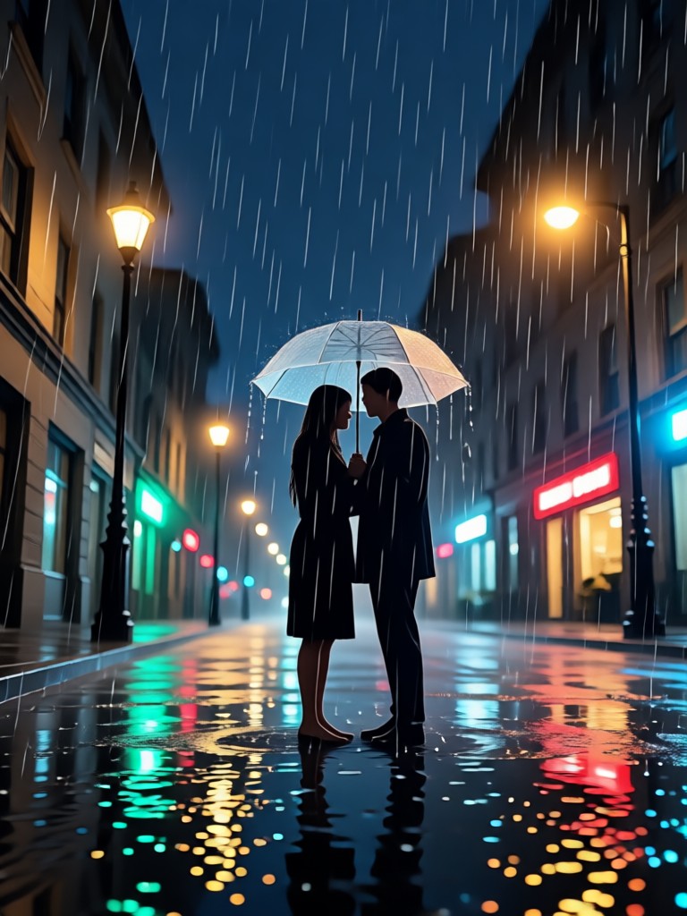 流れる雨と光の筋のある抽象芸術