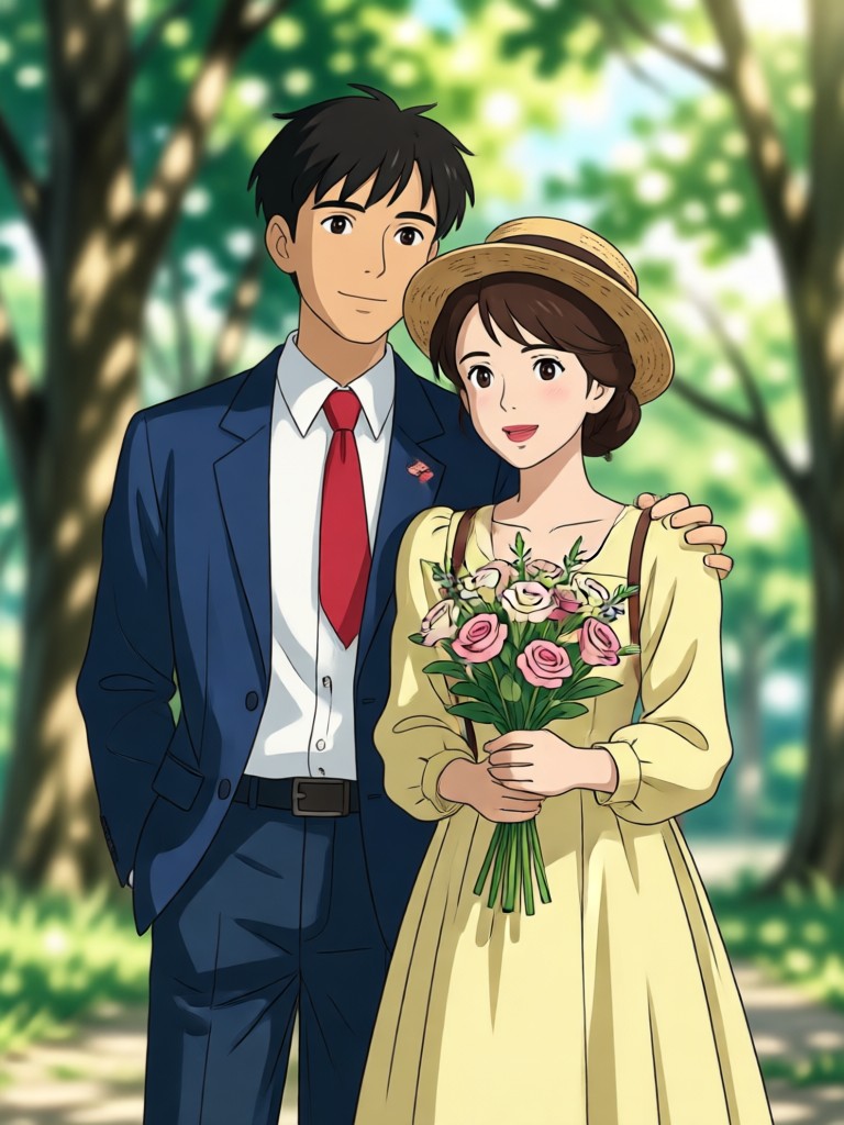 Romantic Ghibli style couple portrait on a flying castle