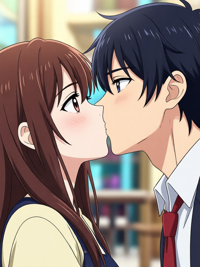 Snowy background anime romantic kiss