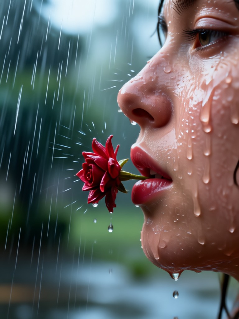 Beso romántico bajo la lluvia con hojas de otoño cayendo