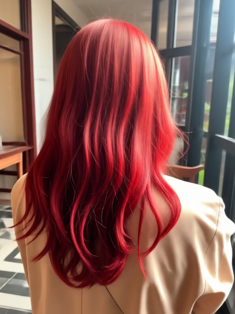 Long hair transformed with copper red hair filter
