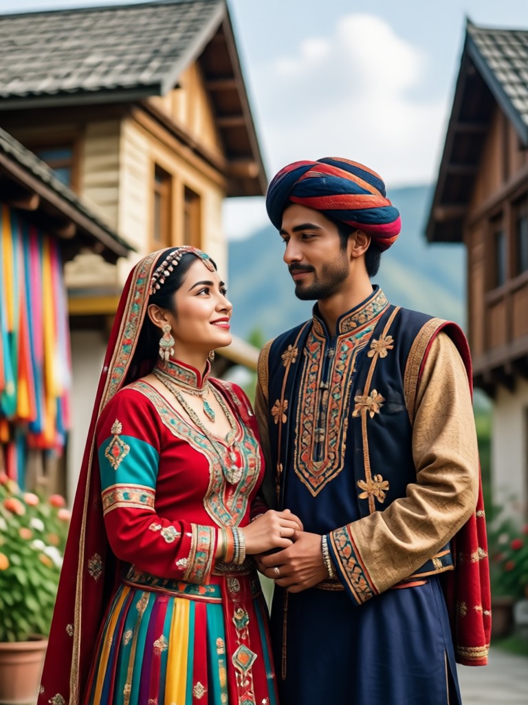 Casal tradicional em Pheran com Kangri