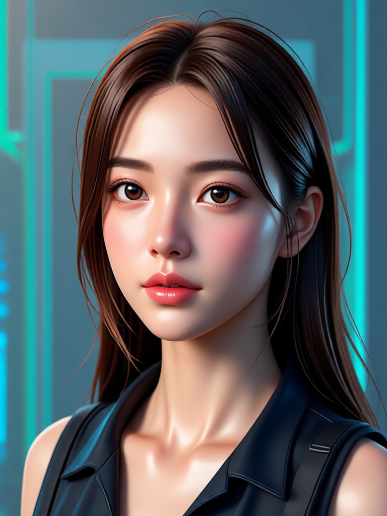 Cinematic portrait of a thoughtful AI generated woman
