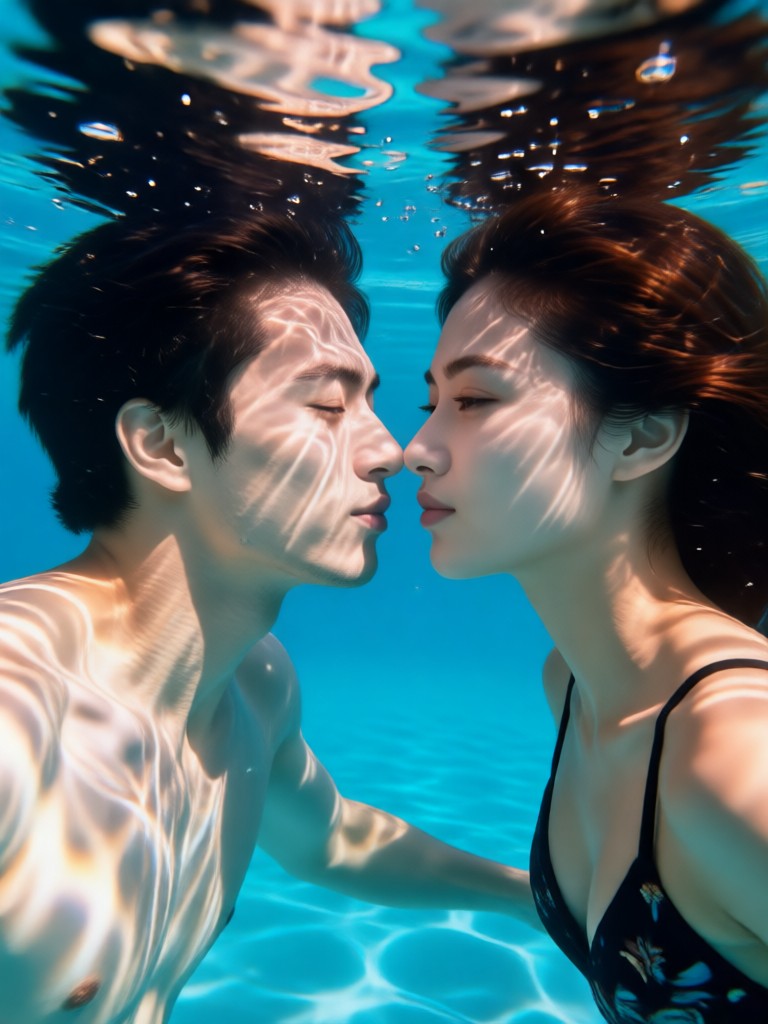 떠다니는 머리와 거품을 동반한 로맨틱한 수중 키스