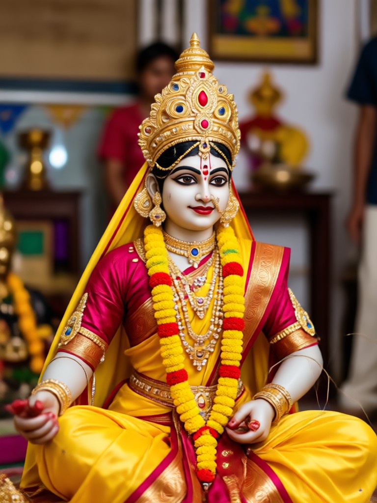 Traditionelles Porträt mit Kalasham und Blumen für Lakshmi Pooja