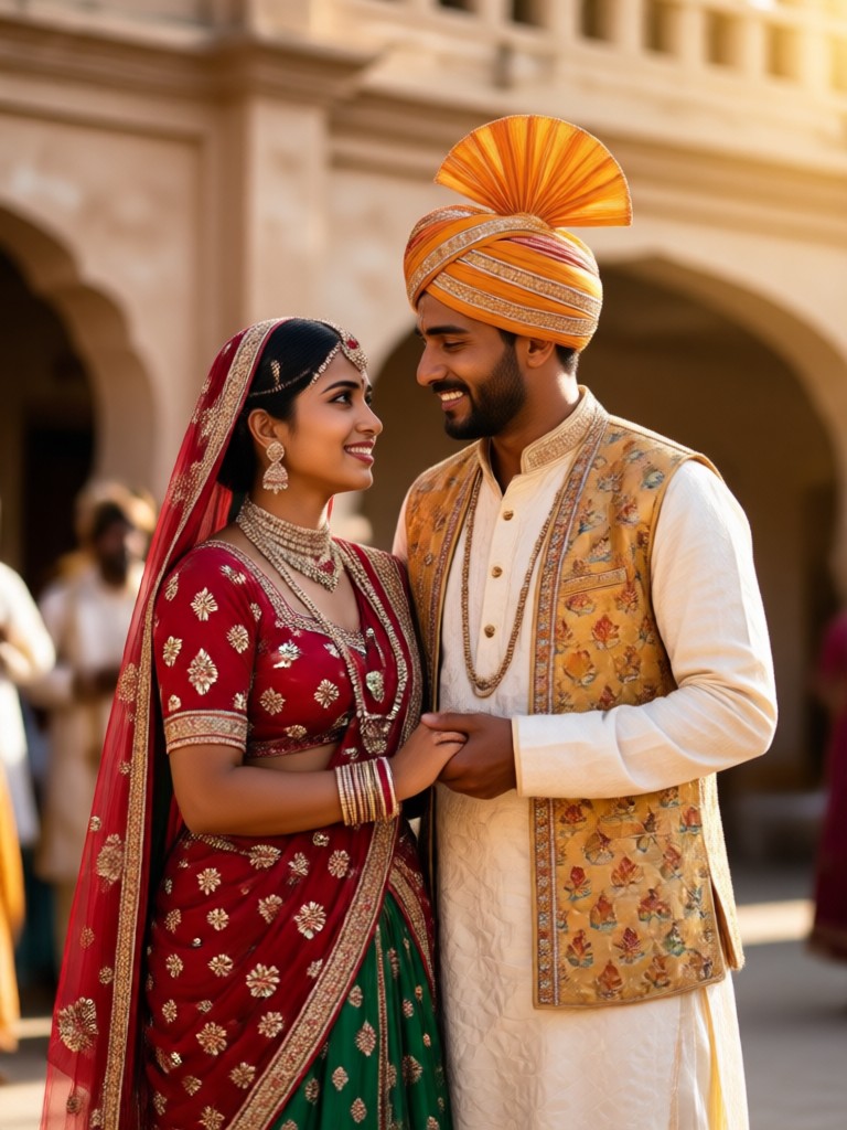 Traditional Rajasthani couple with desert background