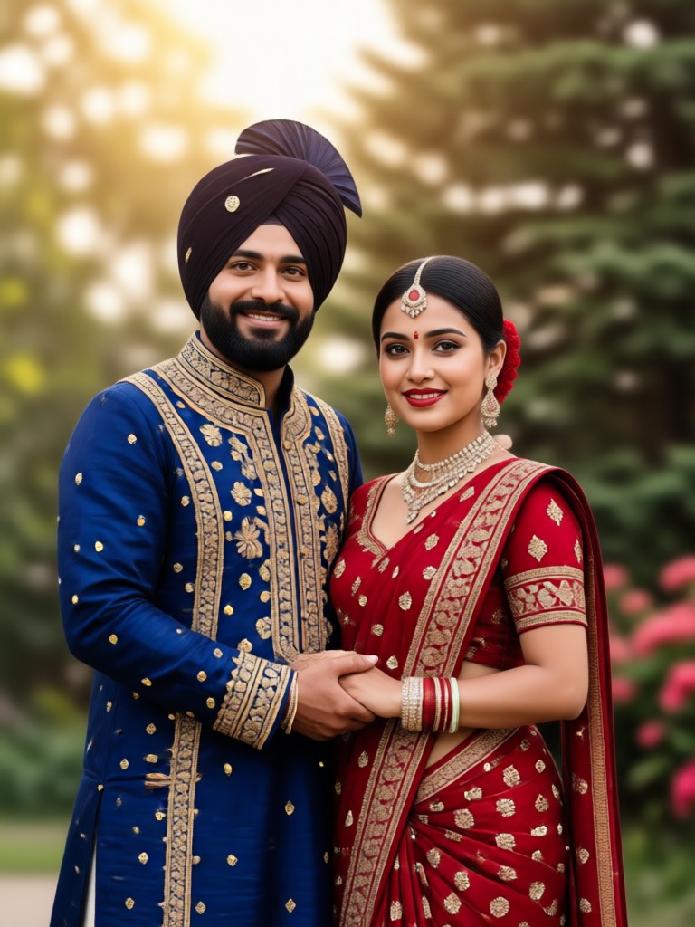 Punjabi couple portrait with elaborate gold jewelry AI
