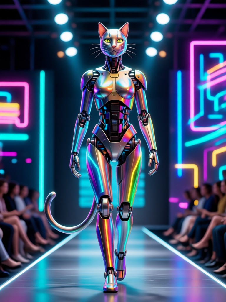 Look de pasarela metálico futurista AI