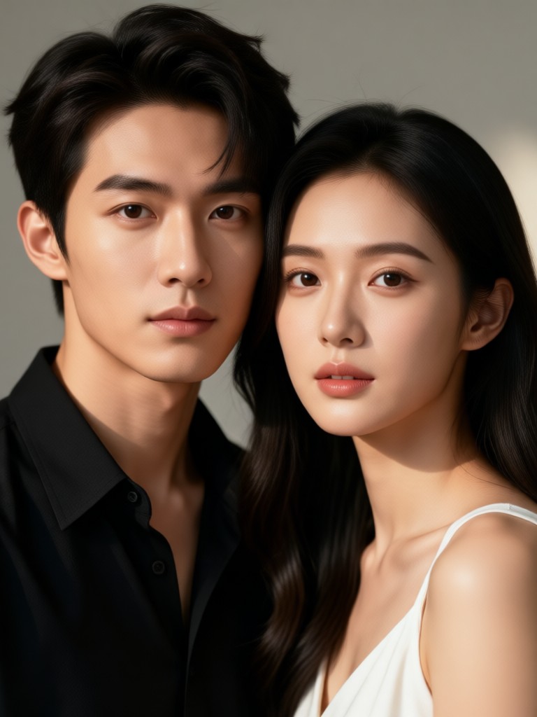 Modern minimalist AI couple portrait in studio lighting