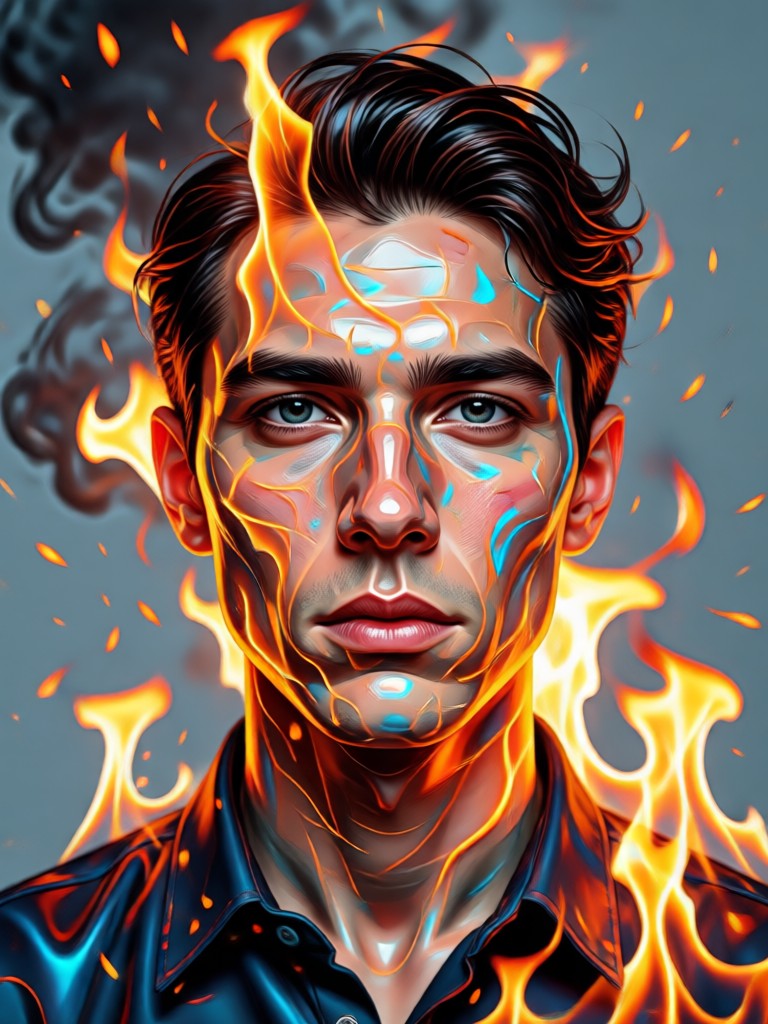 Portrait fused with glowing ember textures
