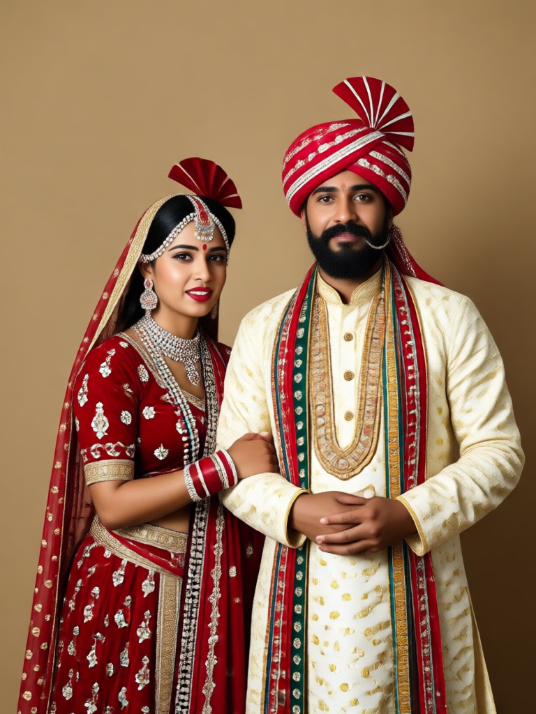 Traditional turban and lehenga couple portrait