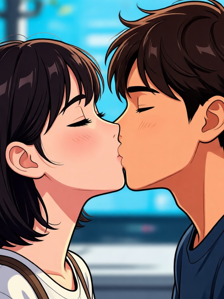 Realistic 3D render of avatars kissing closely