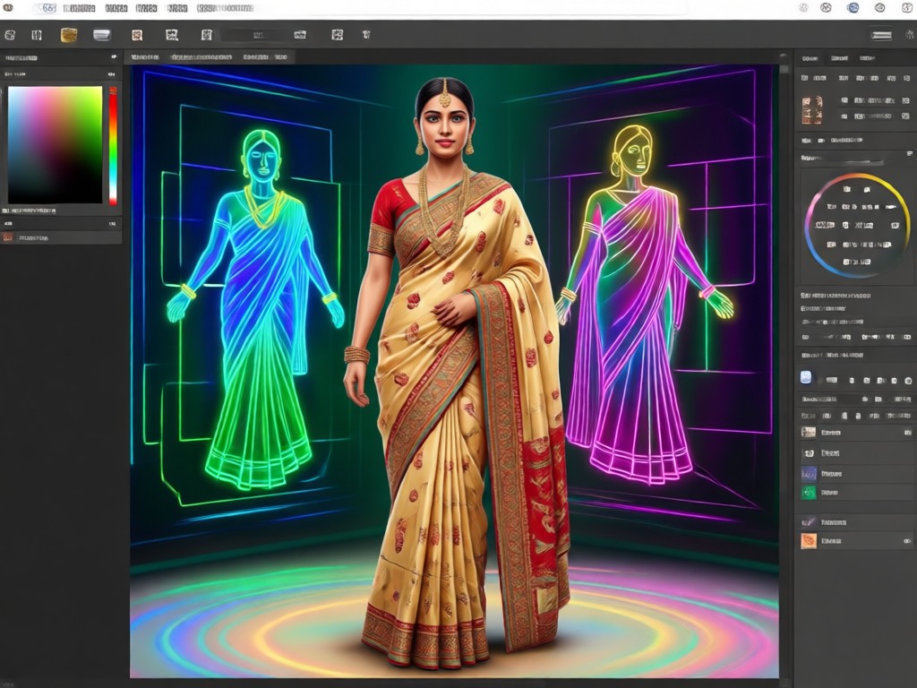 Woman using phone to visualize AI saree try on