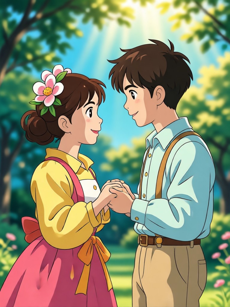 Studio Ghibli aesthetic couple with forest spirits