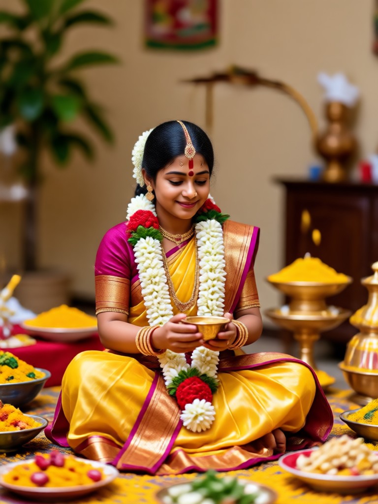 Woman with kalash and diya AI generated pooja scene