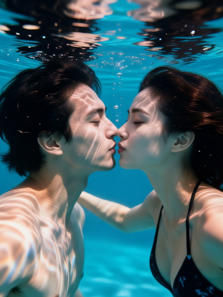 맑은 물이 가득한 햇빛 받는 수영장 커플 초상화