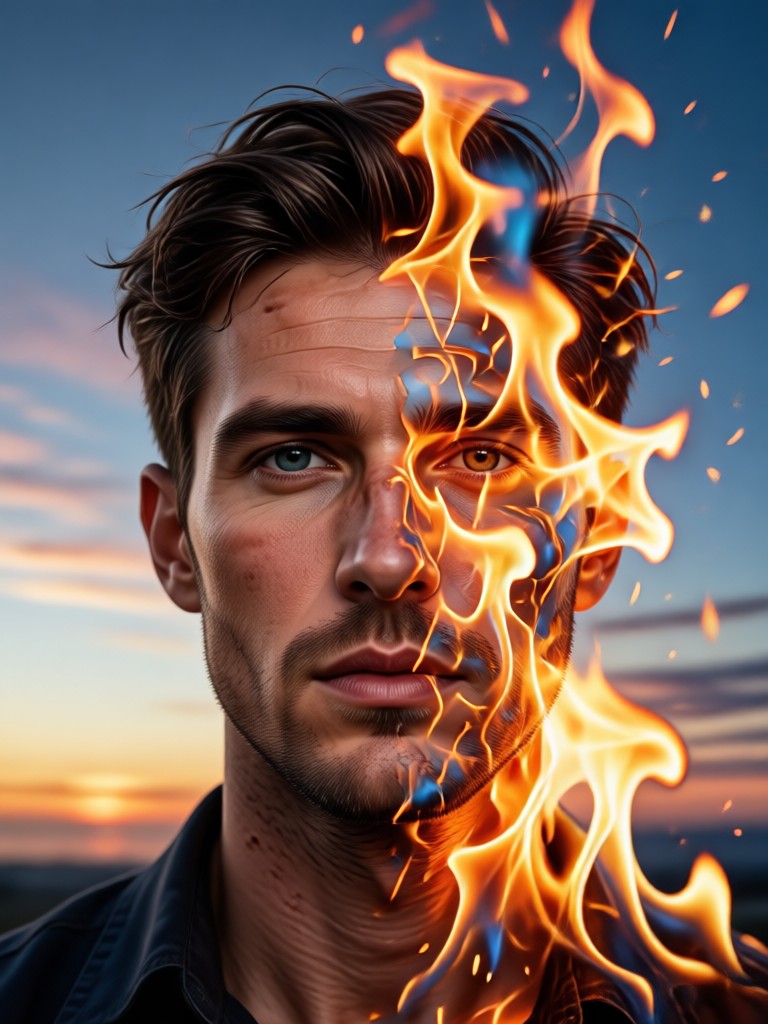 Profile portrait with blue mystical fire aura