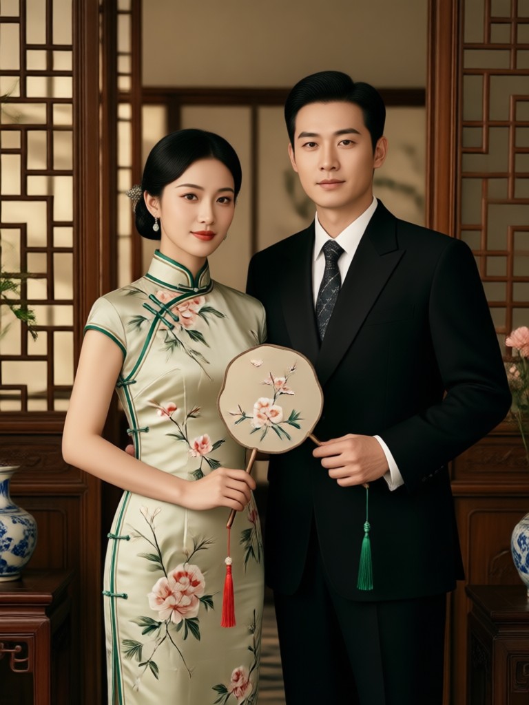Golden dragon embroidery qipao portrait