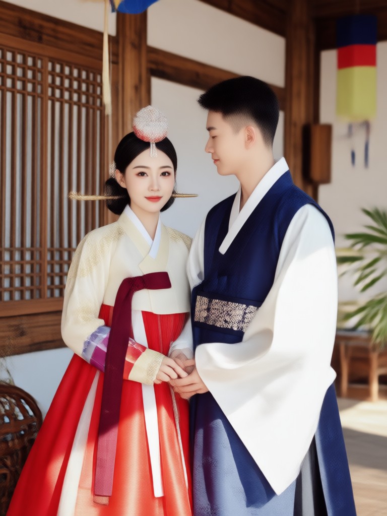 Traditional wedding hanbok with elaborate headpieces