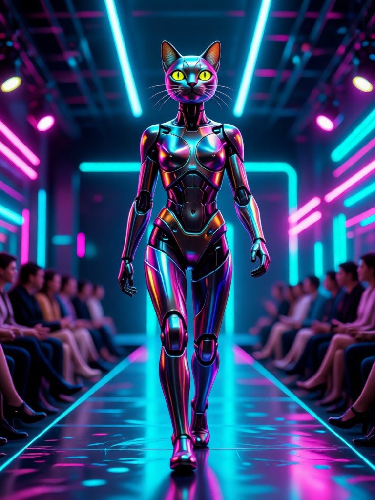Haute couture AI catwalk with elaborate evening gown
