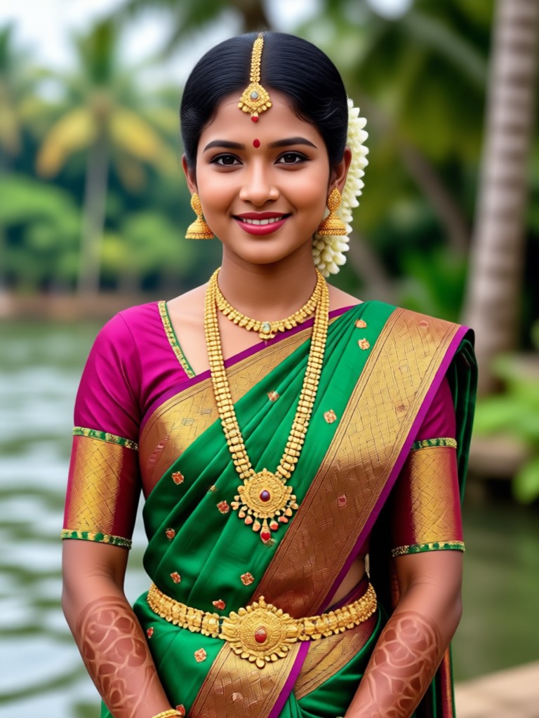 Onam celebration look with Kerala saree and flower bouquet