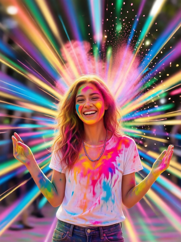 Dramatic Holi photo with light beams