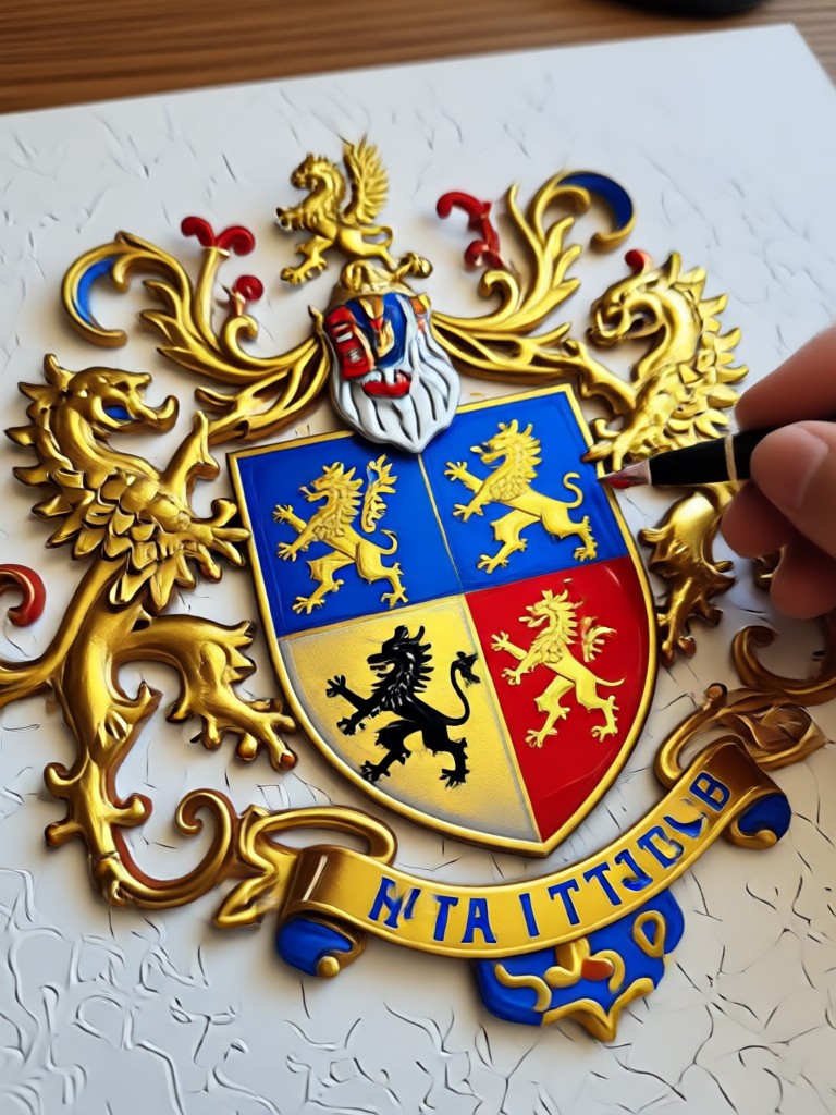 Perisai quartered klasik menunjukkan empat simbol heraldik berbeda