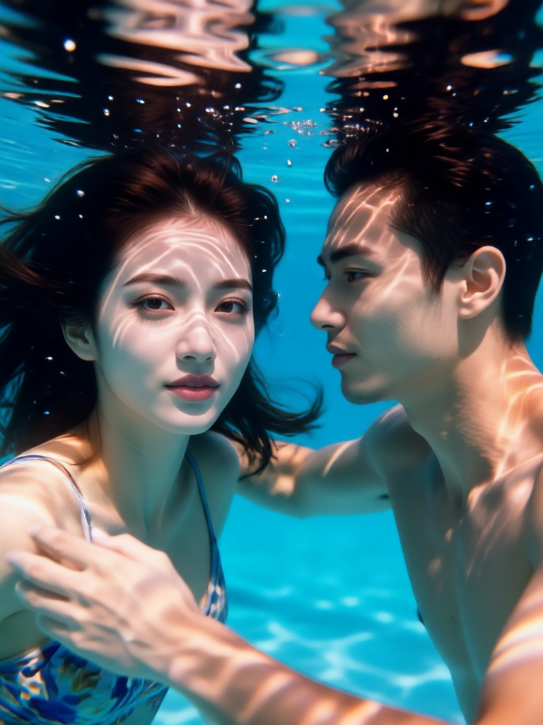Couple swimming portrait with realistic bubble effects