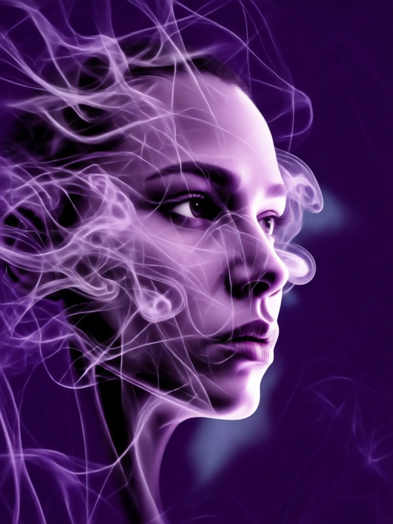 Retrato artístico com texturas abstratas de fumaça violeta