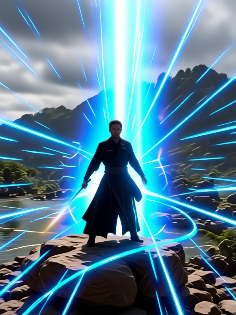 Duel in the rain with glowing sabers