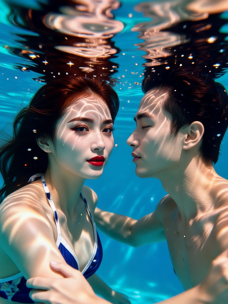Moonlit underwater couple scene with silver reflections