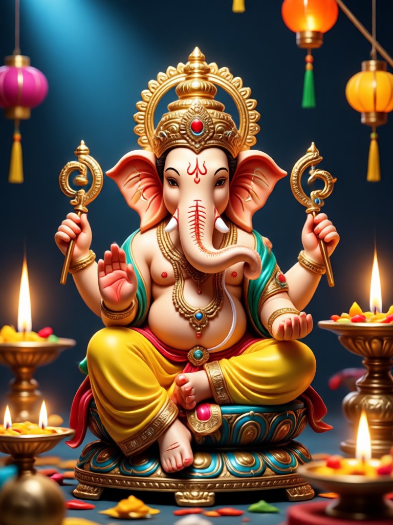 Potret AI Ganpati dengan latar belakang bunga yang hidup