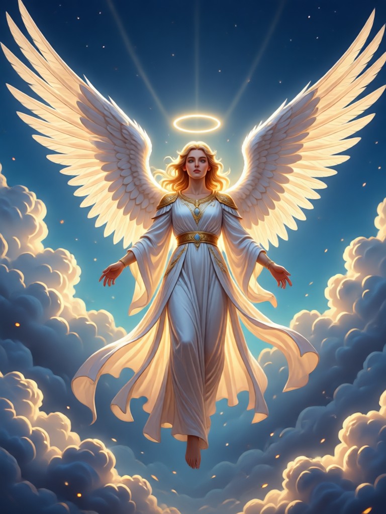 Cyber angel with holographic wings in a city