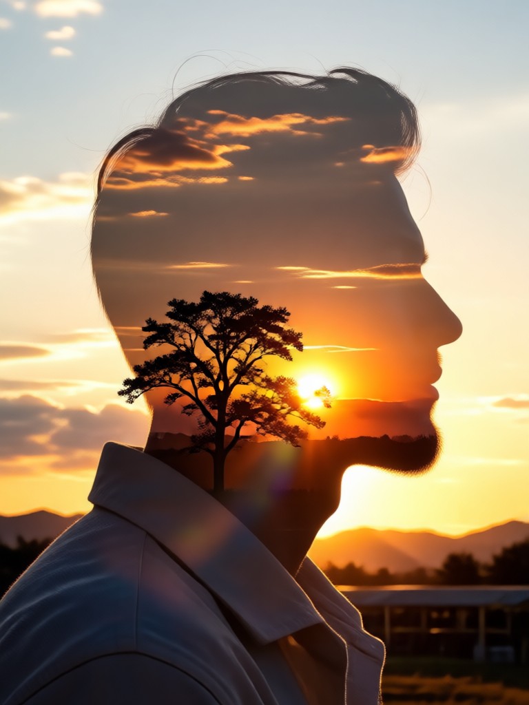 Eksposur ganda artistik wajah dengan matahari terbenam golden hour