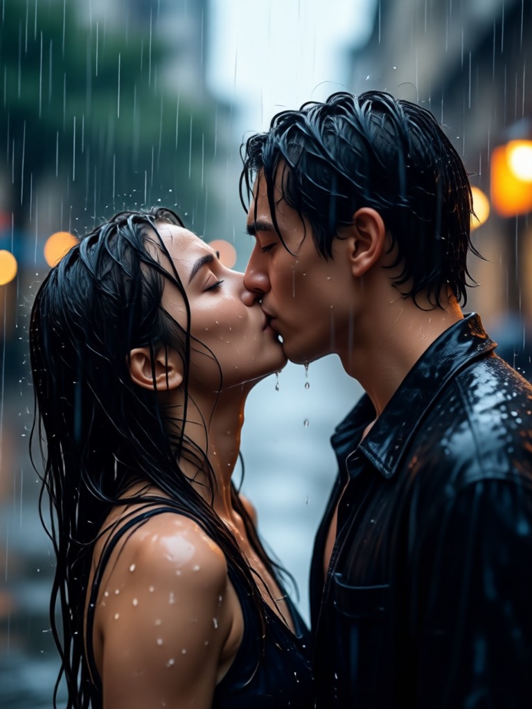 Tender reunion kiss in rain
