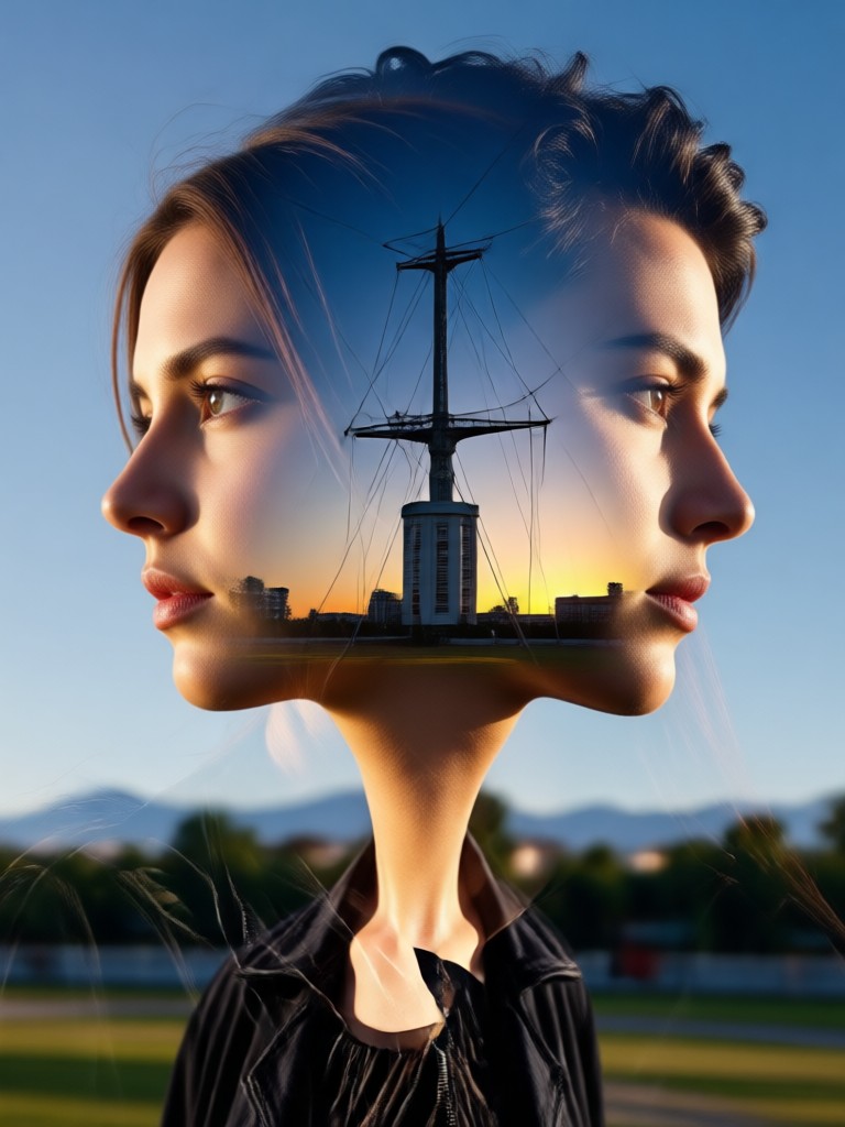 Doble exposición de dos fotos de mujer y océano