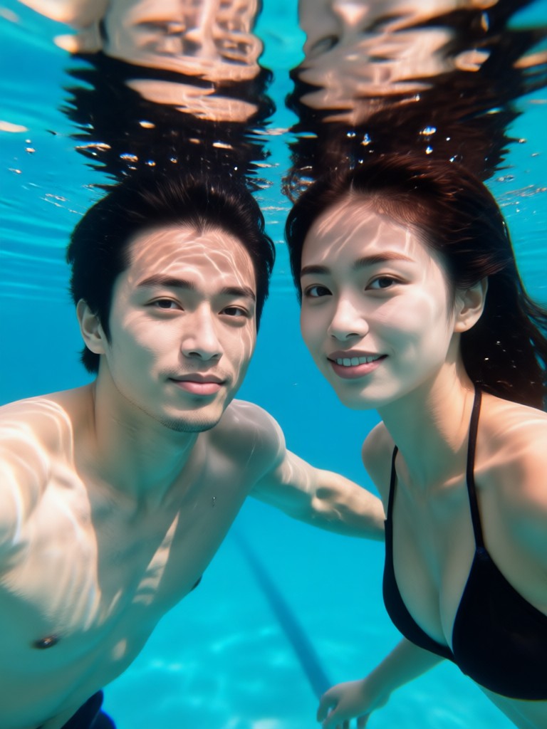 Retrato de pareja abrazándose en mar azul profundo
