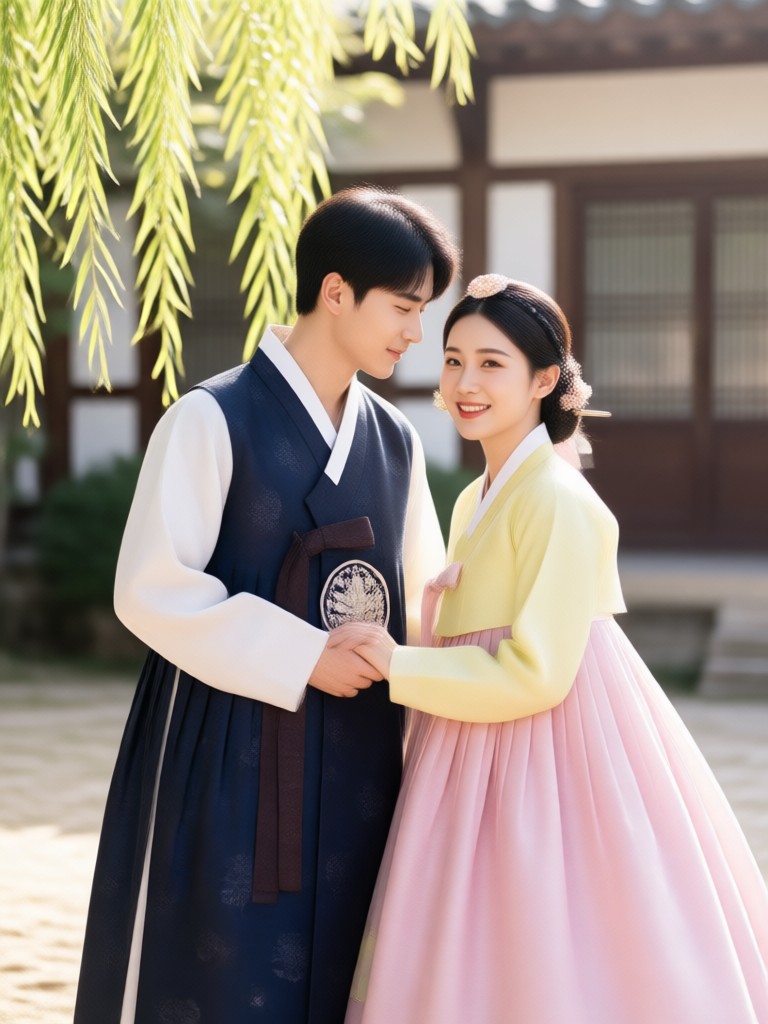 Traditional ceremonial Hanbok with detailed gold embroidery