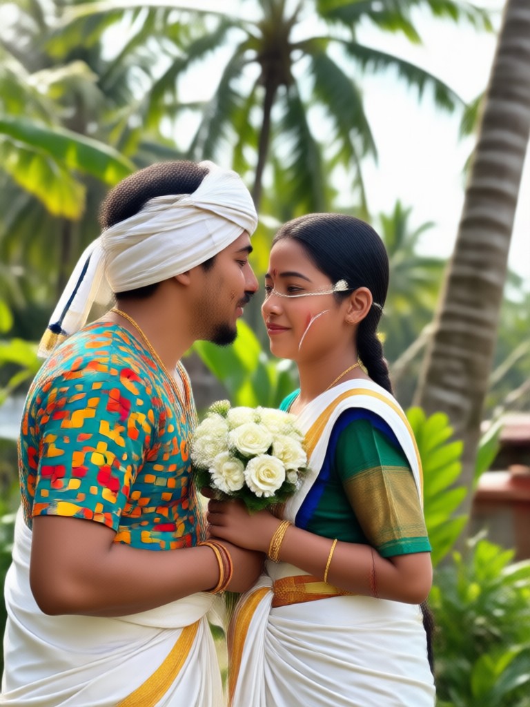 AI generated traditional Malayali couple with temple gopuram