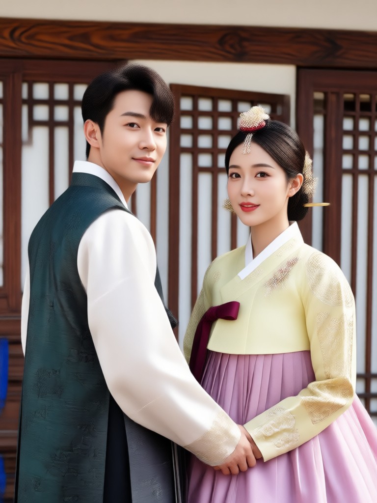 Formal Hanbok portrait with traditional headpieces and accessories
