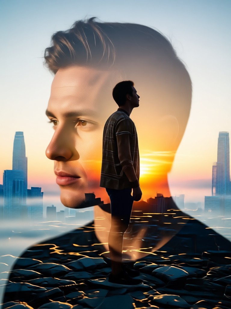 Double exposure effect with ocean waves and portrait