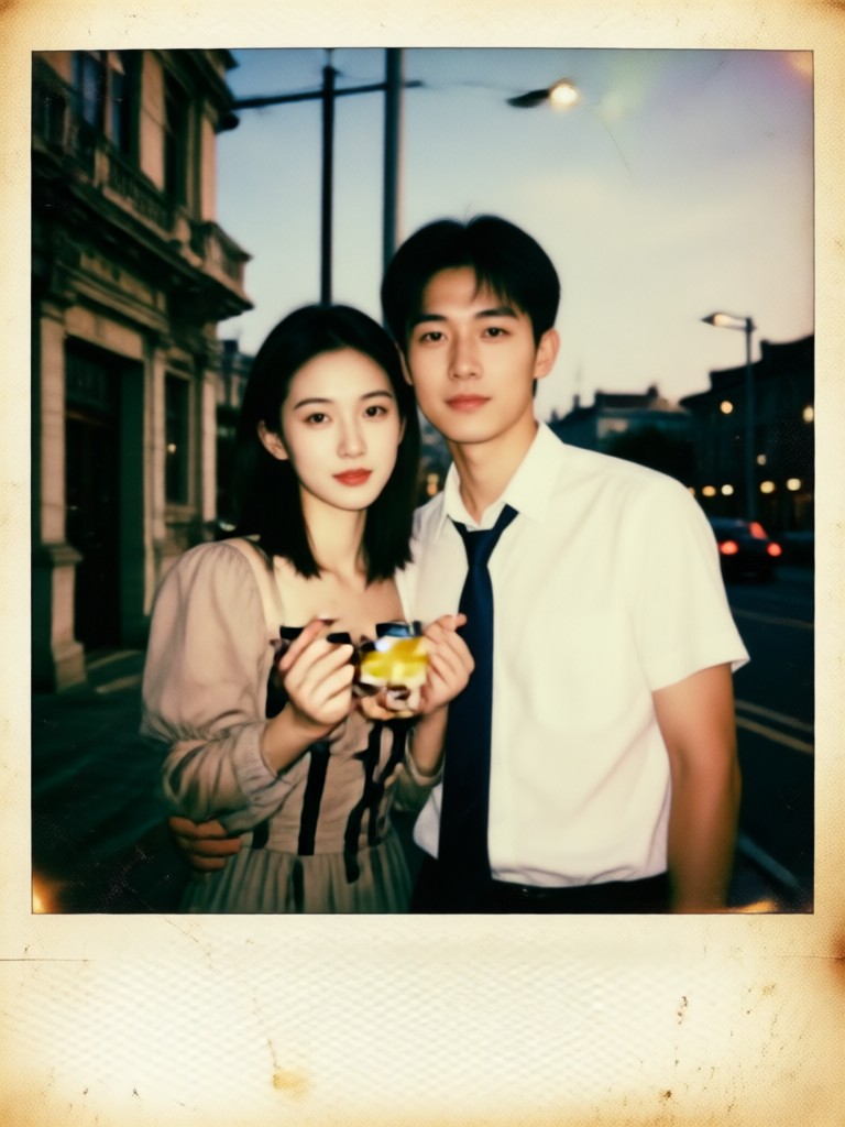 웃고 있는 커플의 흑백 빈티지 폴라로이드 사진
