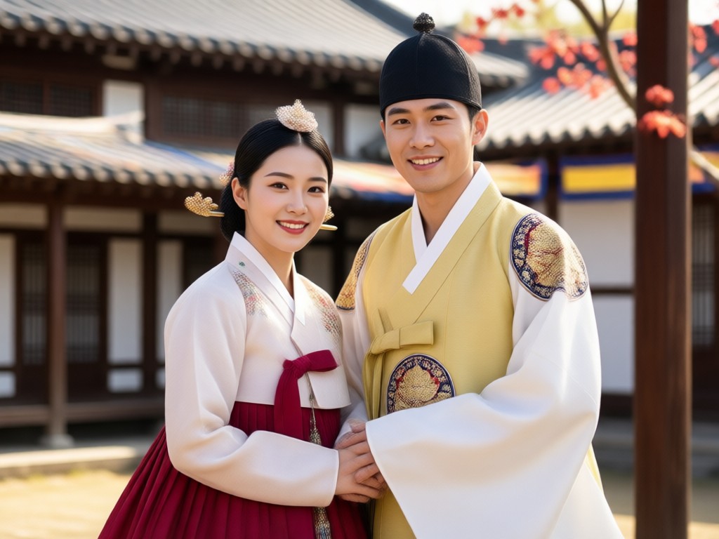 Coordinated Hanbok couple in matching traditional colors