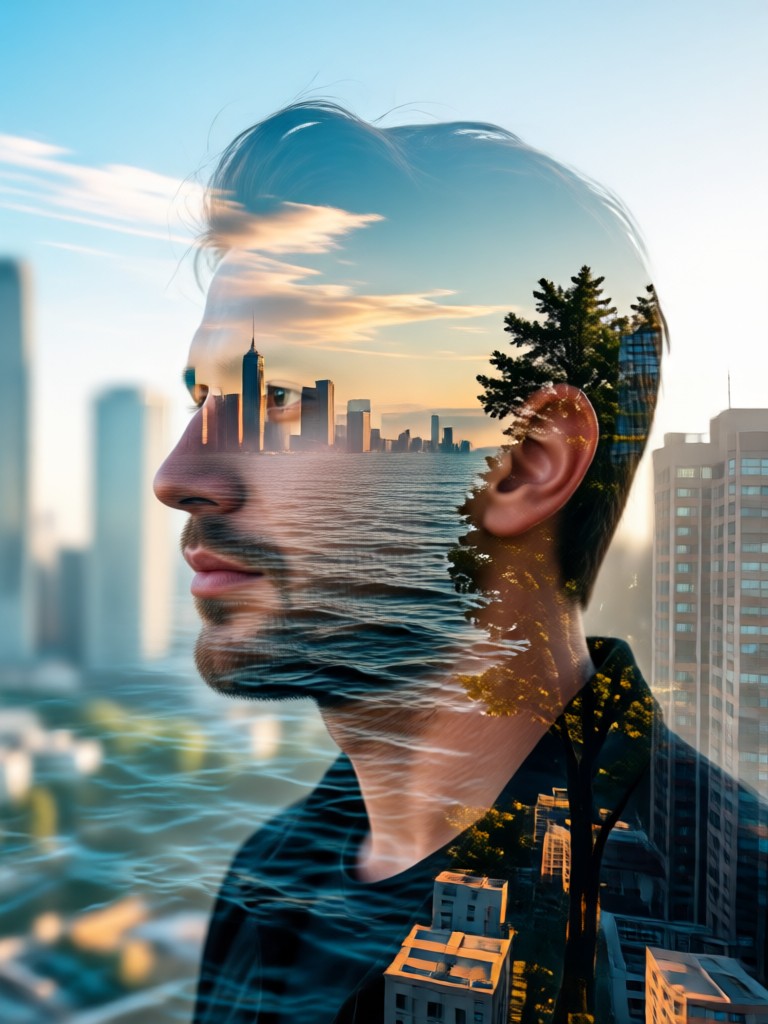 Portrait double exposure with desert and dunes
